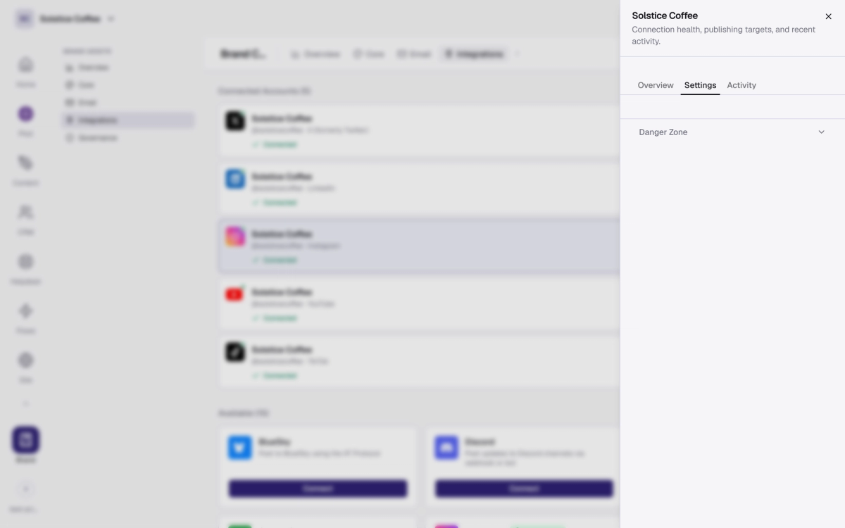 The Instagram channel drawer in Brand → Integrations, open on the Settings tab.