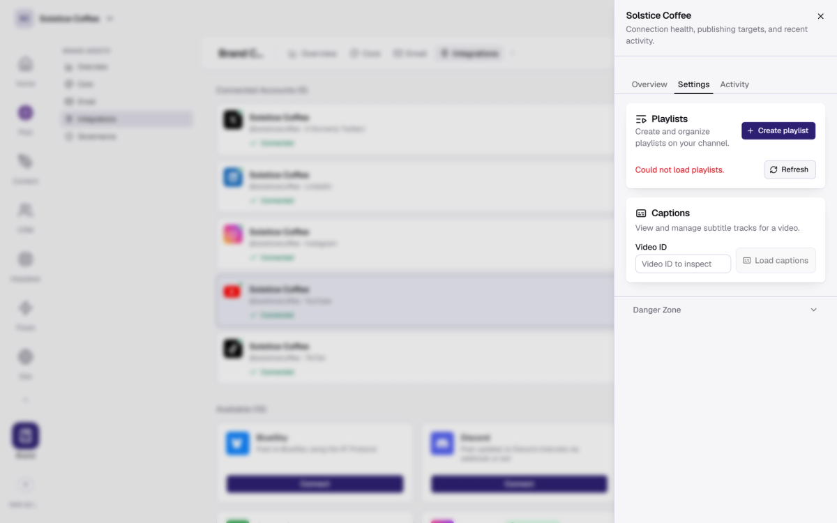 The YouTube channel drawer in Brand → Integrations, open on the Settings tab.