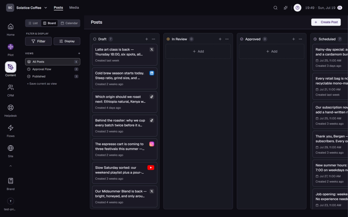 The Posts board view with posts grouped into status columns from Draft to Published.