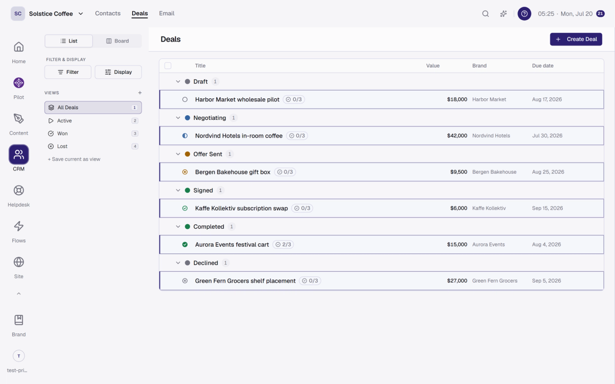 The Deals board with opportunities in pipeline stage columns and their values.