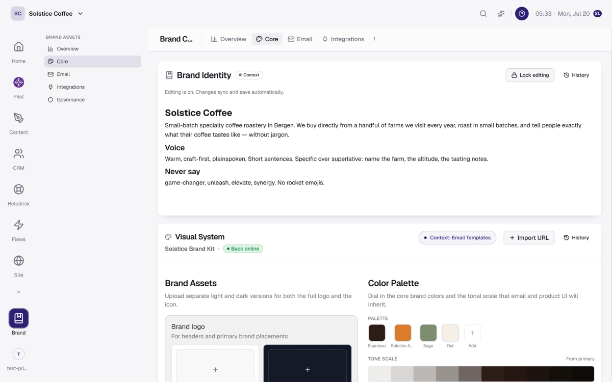 The Core section of Brand Center: story, voice, colors, and logo.