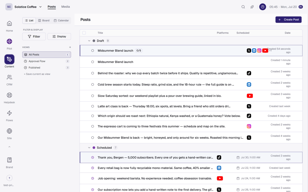 The Posts list view, a compact table of posts.