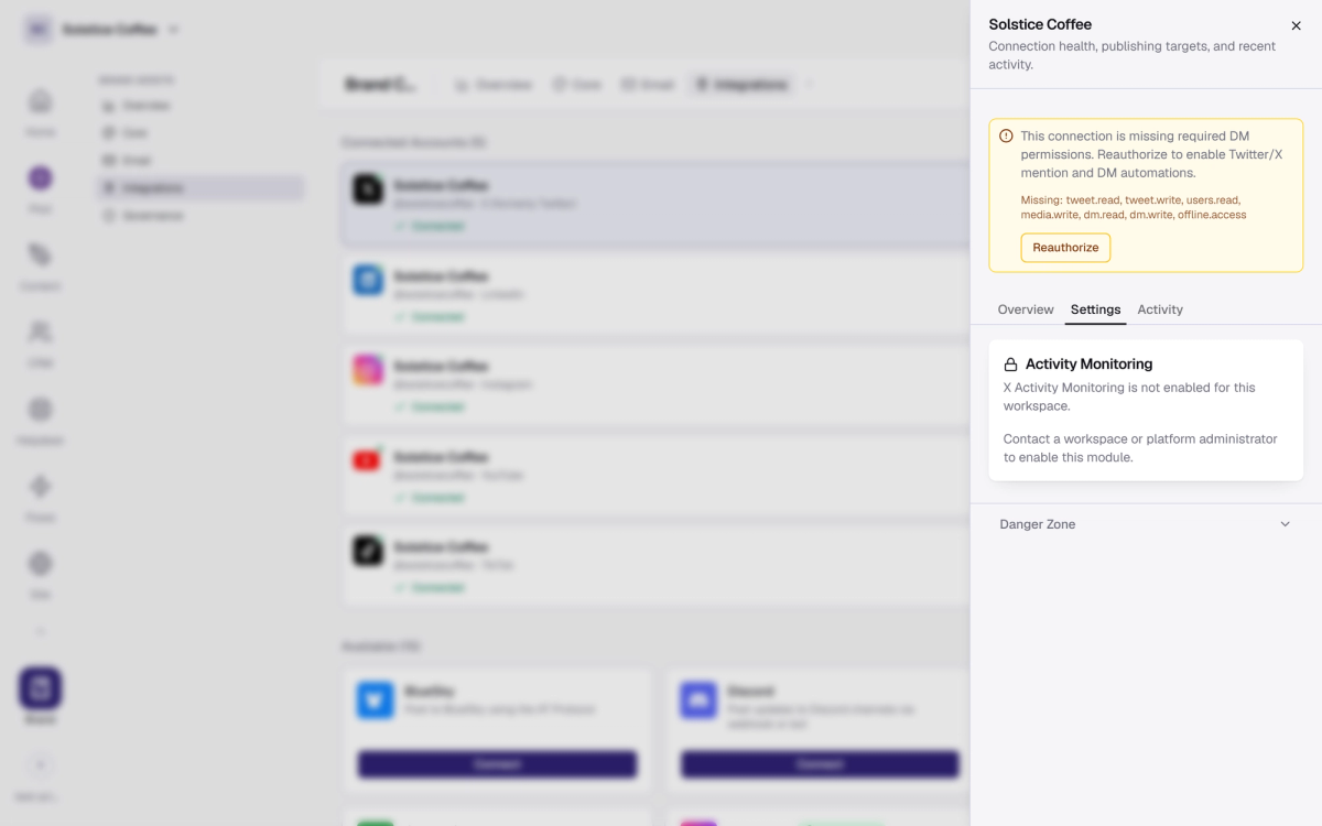 The X (Twitter) channel drawer in Brand → Integrations, open on the Settings tab.