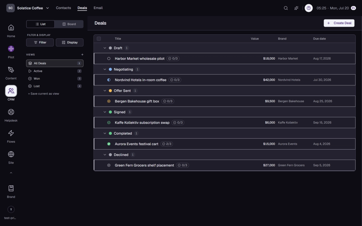 The Deals board with opportunities in pipeline stage columns and their values.