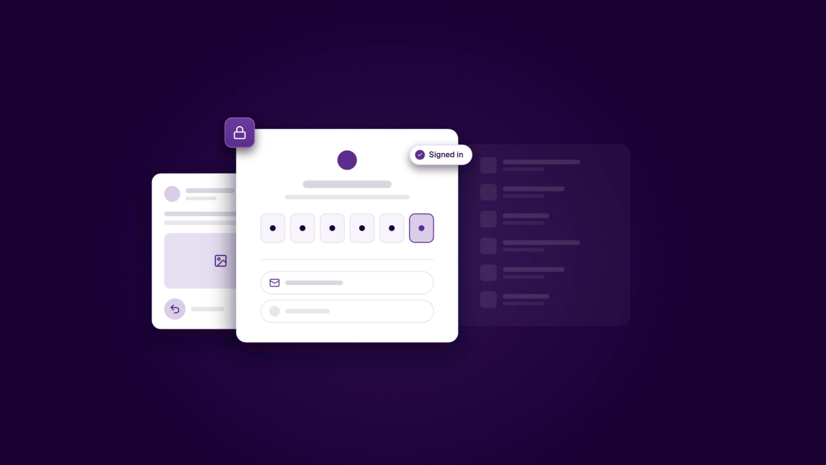 Illustration: A white sign-in panel with six code boxes and a 'Signed in' chip, next to a restored post card with an undo button, on a deep aubergine background.