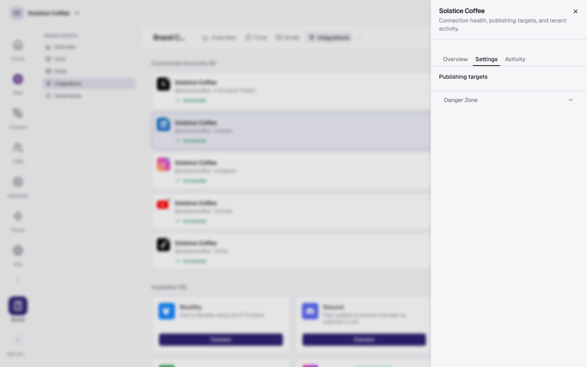The LinkedIn channel drawer in Brand → Integrations, open on the Settings tab.