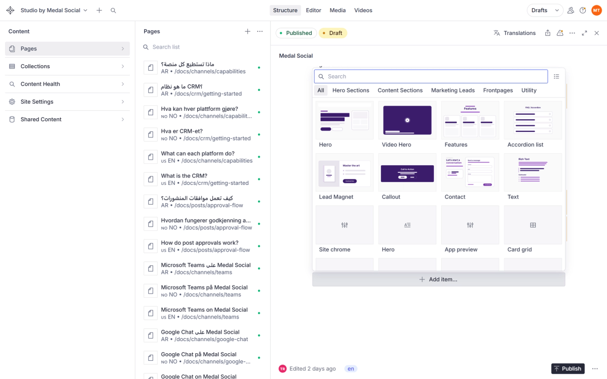 The section library: pick a block — Hero, Features, FAQ, Contact and more — to add to the page.
