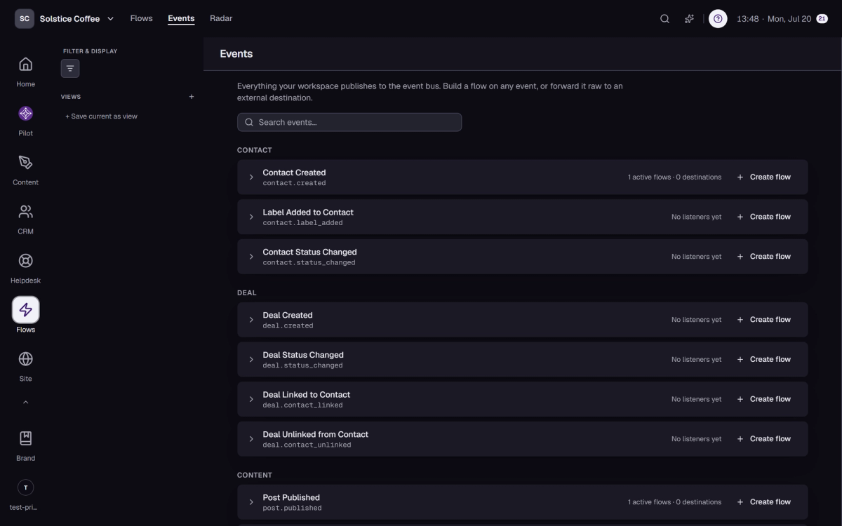 The event catalog: every event the workspace publishes, with listeners and Create flow actions.