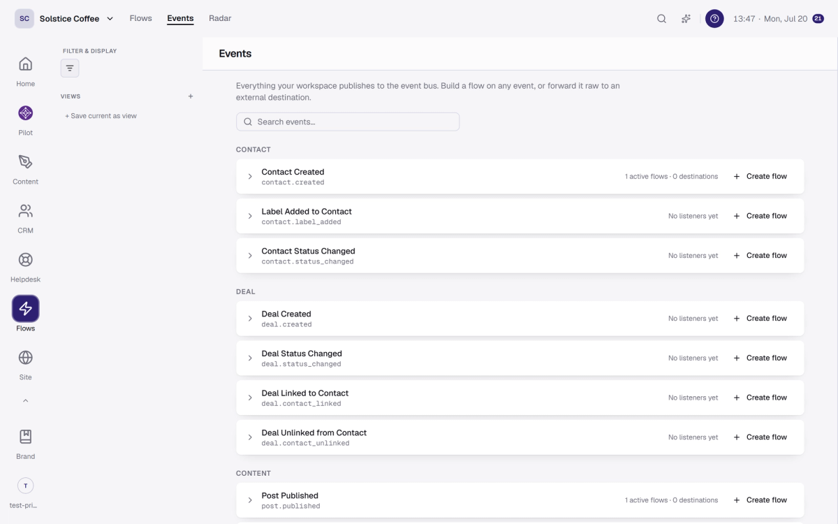 The event catalog: every event the workspace publishes, with listeners and Create flow actions.