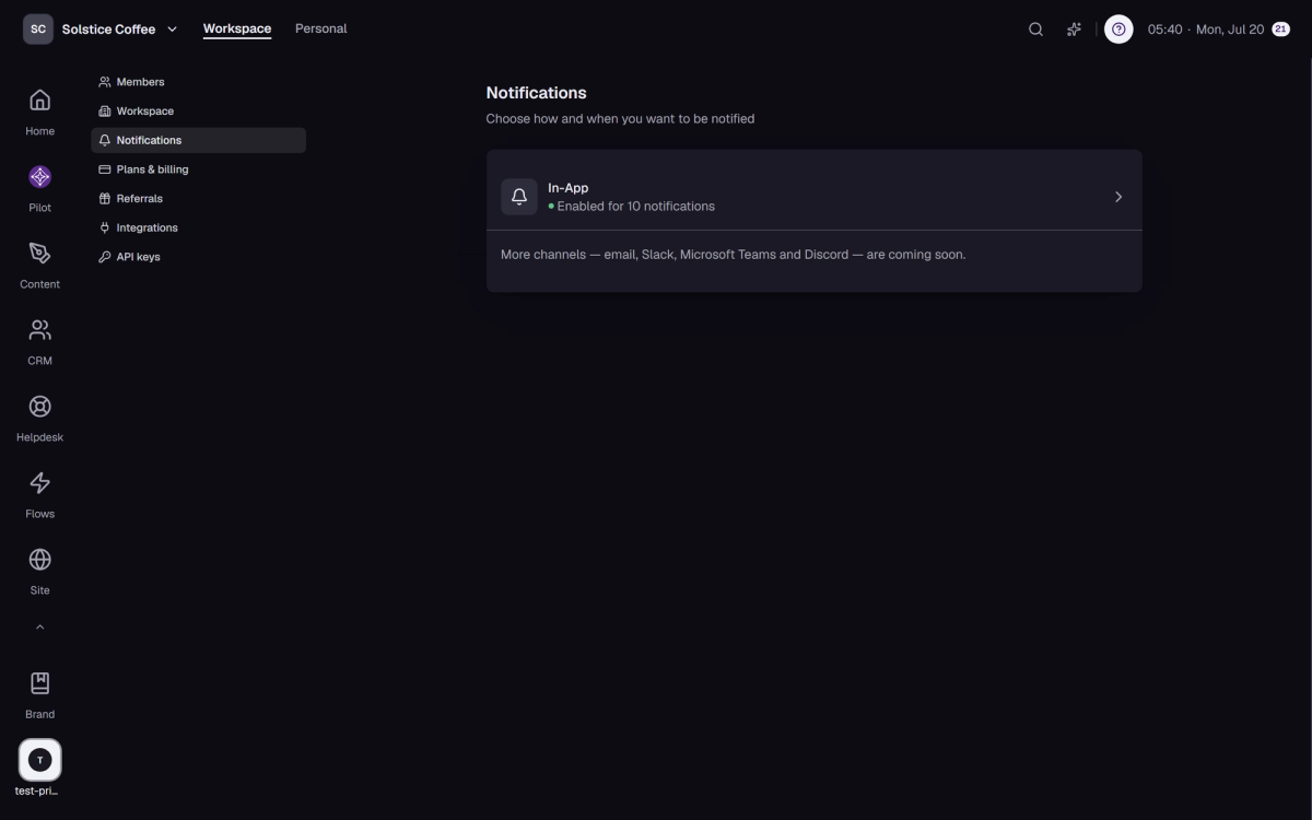 Notification settings, including the channel reconnect alert.