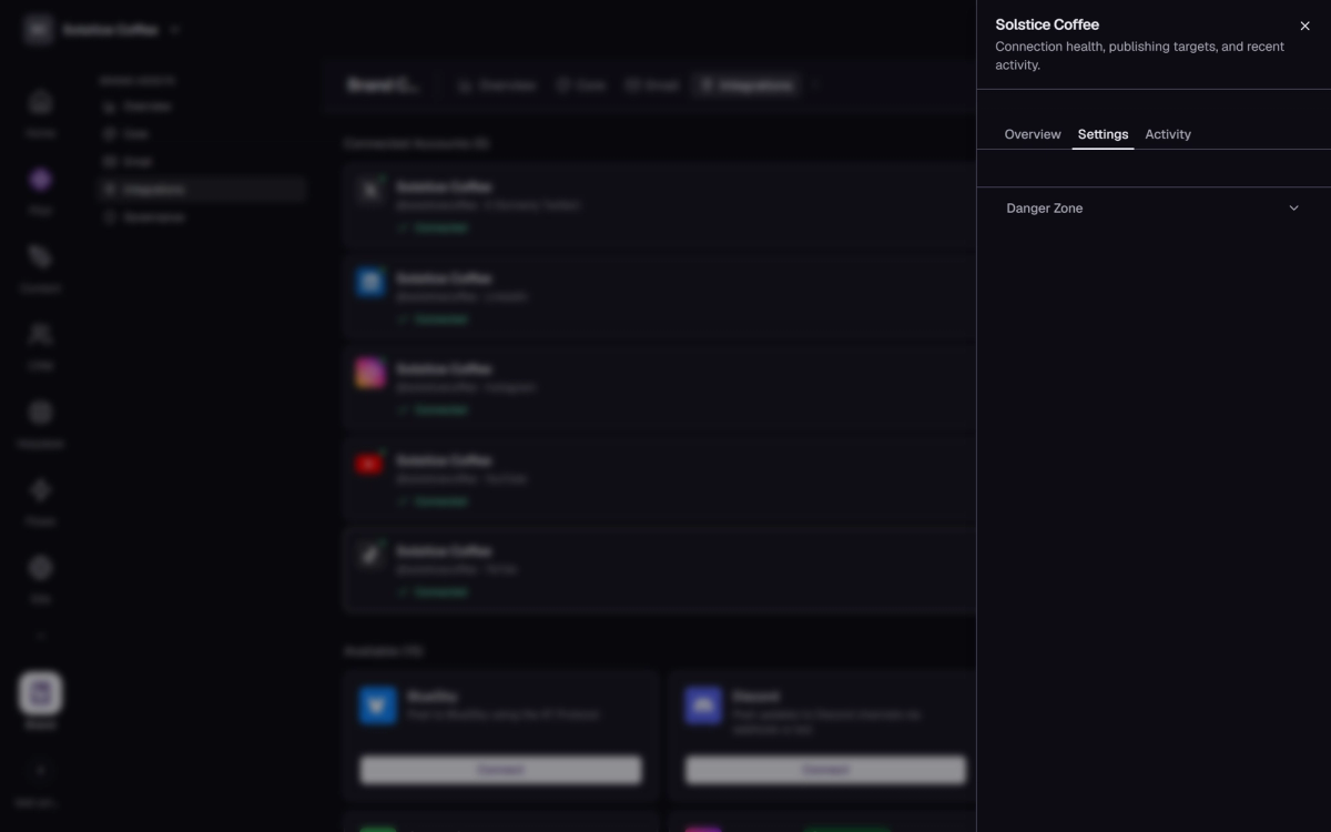 The TikTok channel drawer in Brand → Integrations, open on the Settings tab.