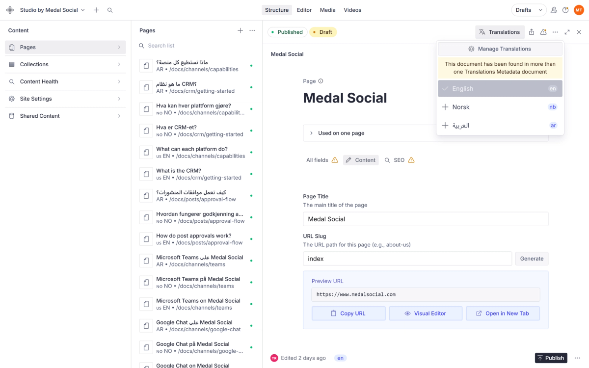 The Translations menu on a page: switch between or create the English, Norwegian, and Arabic versions.