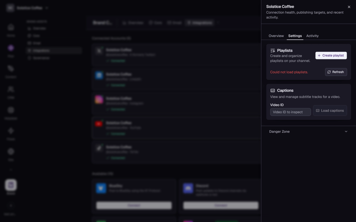 The YouTube channel drawer in Brand → Integrations, open on the Settings tab.
