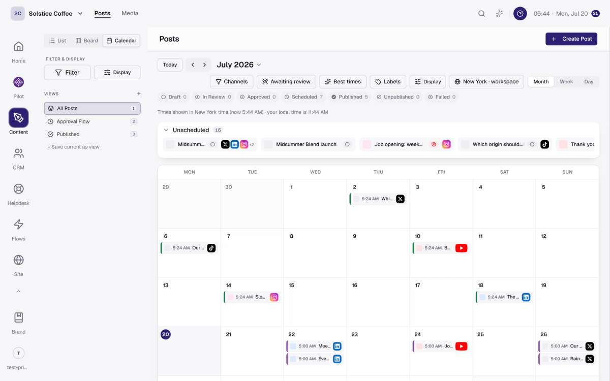 The Posts calendar view with scheduled posts laid out over the month.