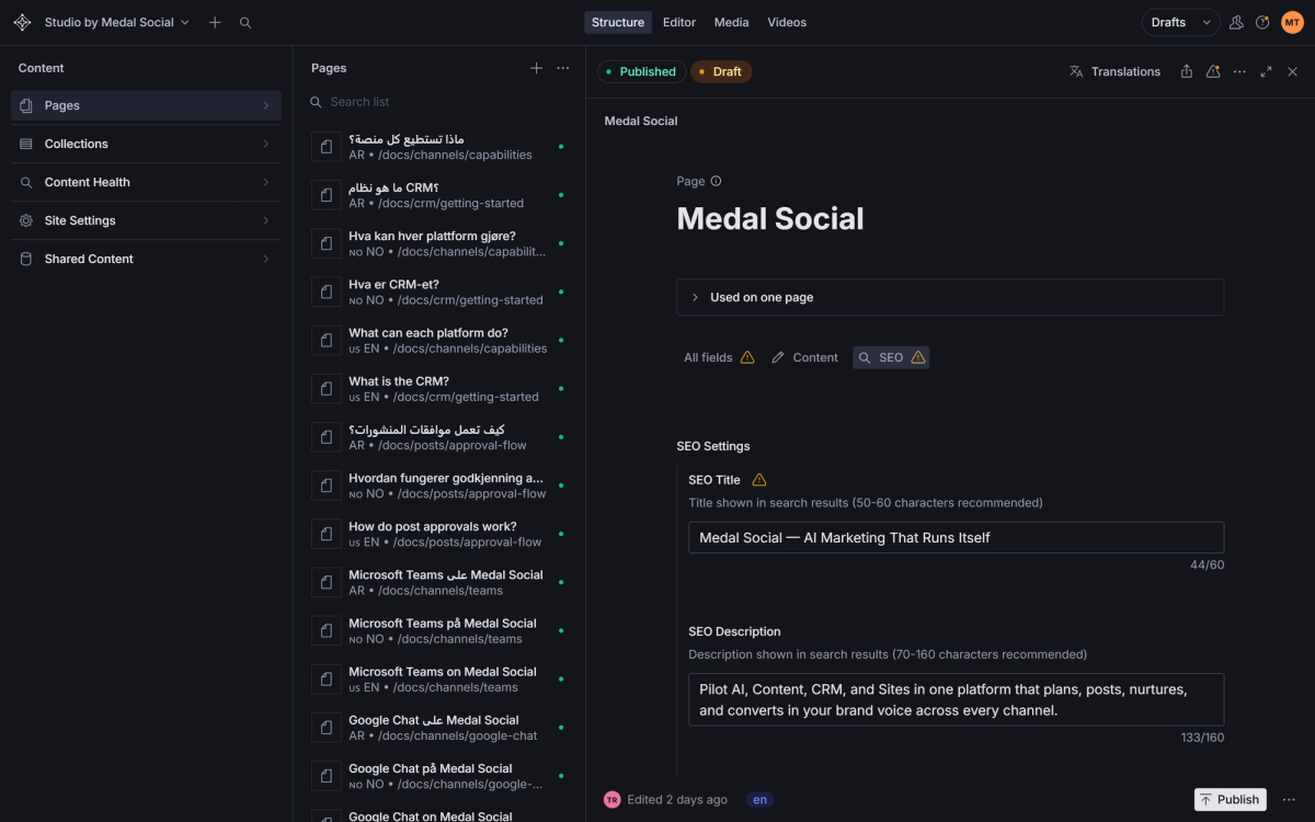 The SEO tab of a page: search title and description with live character counts.