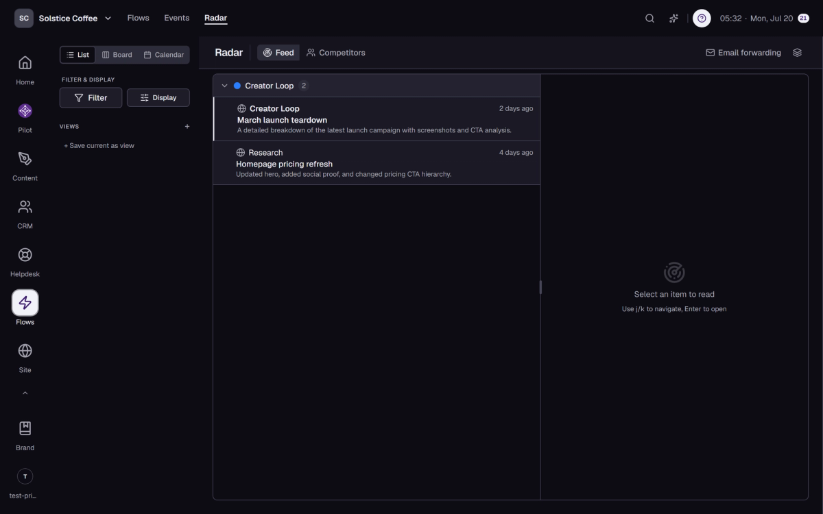 The Radar feed with competitor items.