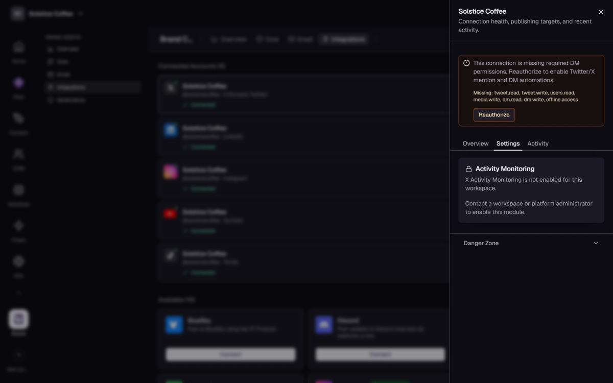 The X (Twitter) channel drawer in Brand → Integrations, open on the Settings tab.