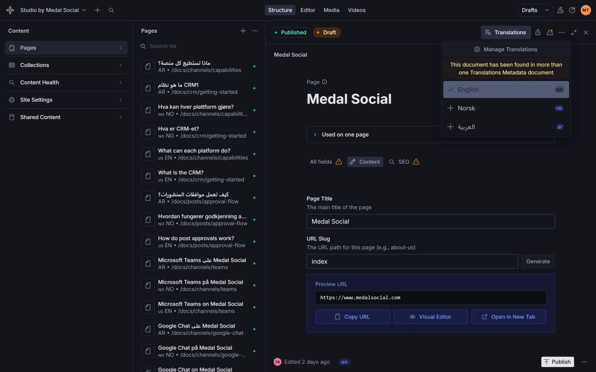 The Translations menu on a page: switch between or create the English, Norwegian, and Arabic versions.