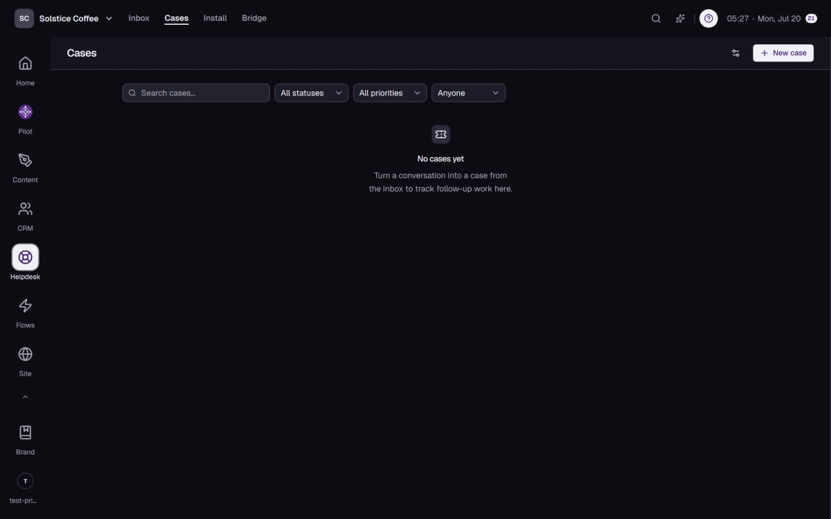 The Helpdesk cases view with tracked cases and their statuses.