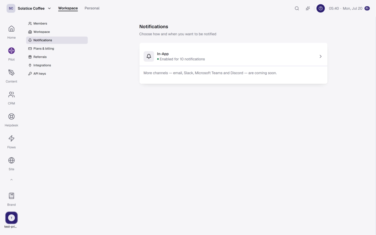 Notification settings, including the channel reconnect alert.