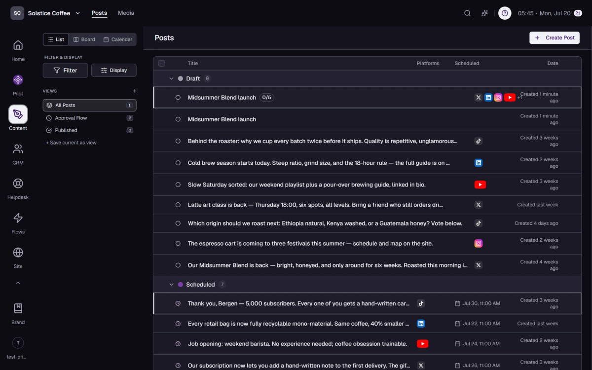 The Posts list view, a compact table of posts.