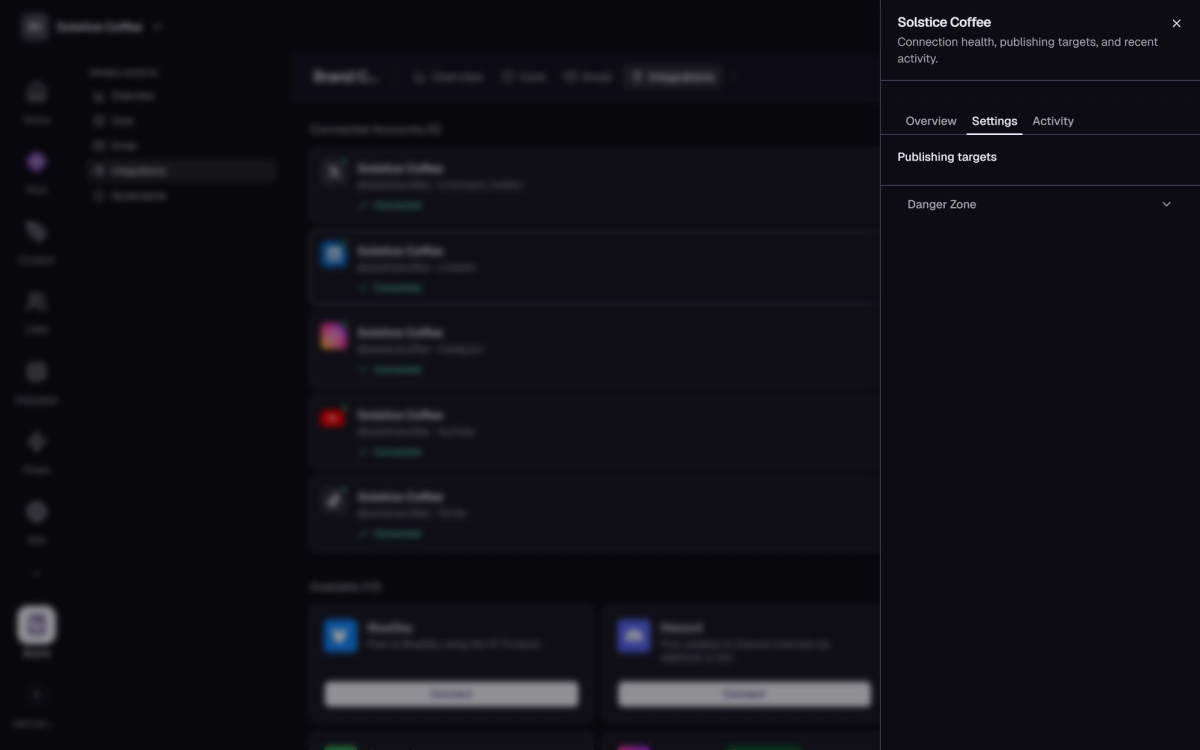 The LinkedIn channel drawer in Brand → Integrations, open on the Settings tab.