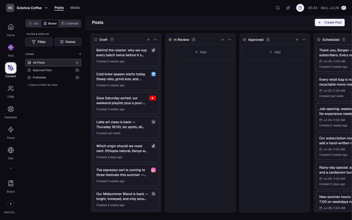 The Posts board with status columns from Draft through Published.