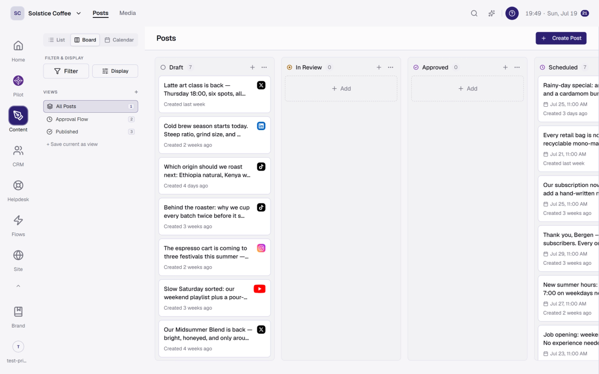 The Posts board view with posts grouped into status columns from Draft to Published.