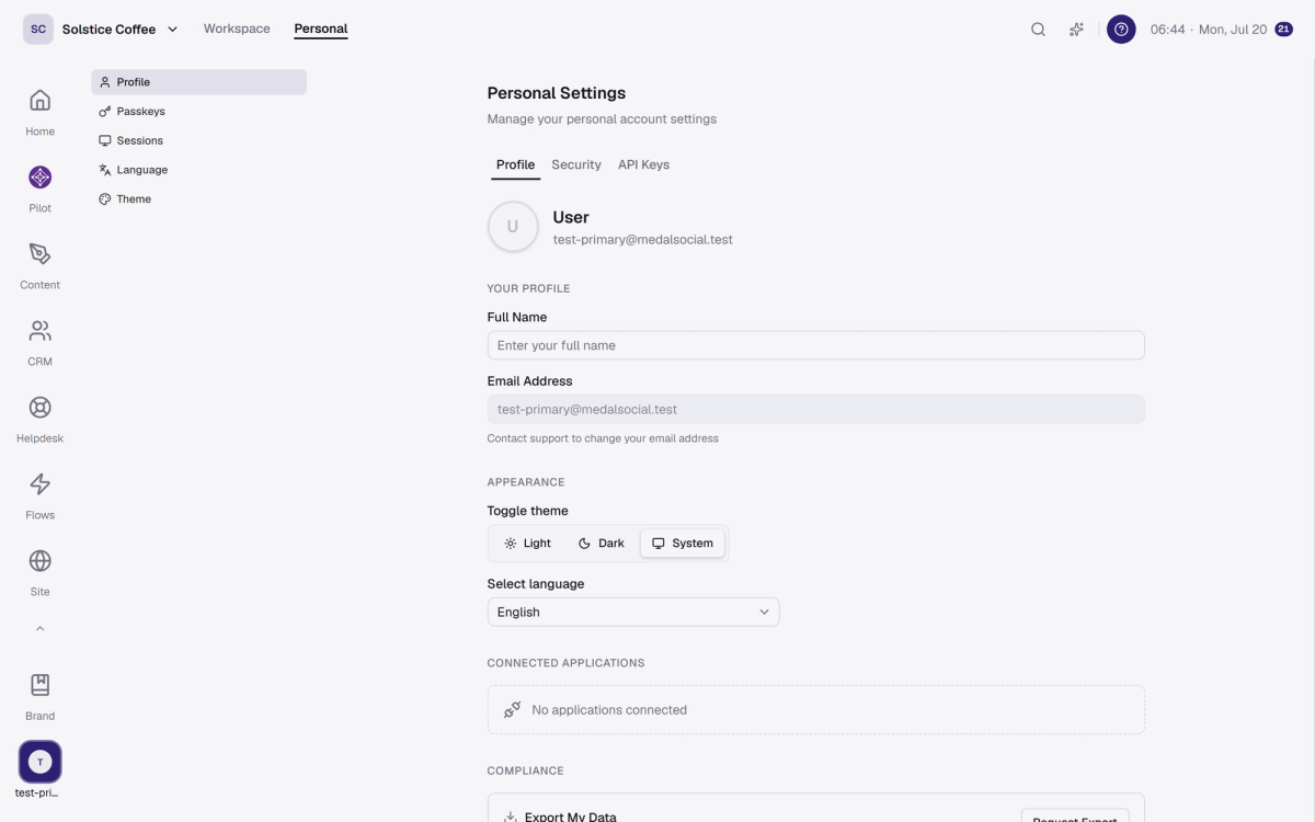The account settings page of a Medal Social workspace.