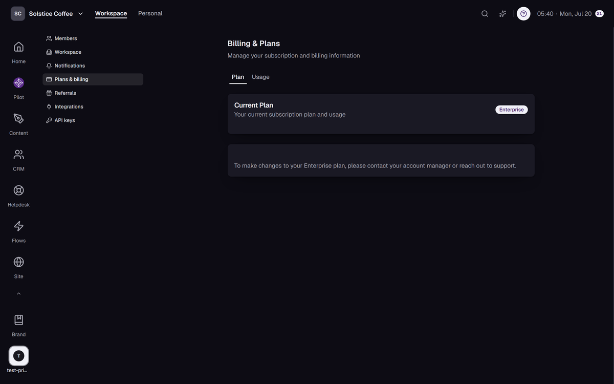The Billing settings page with your plan and usage.