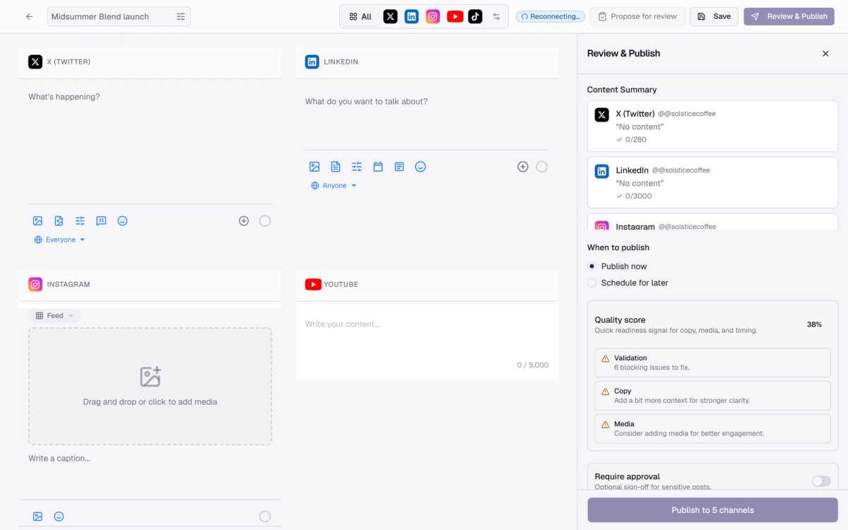 The composer with per-channel editors, a quality score, and the Review & Publish panel.