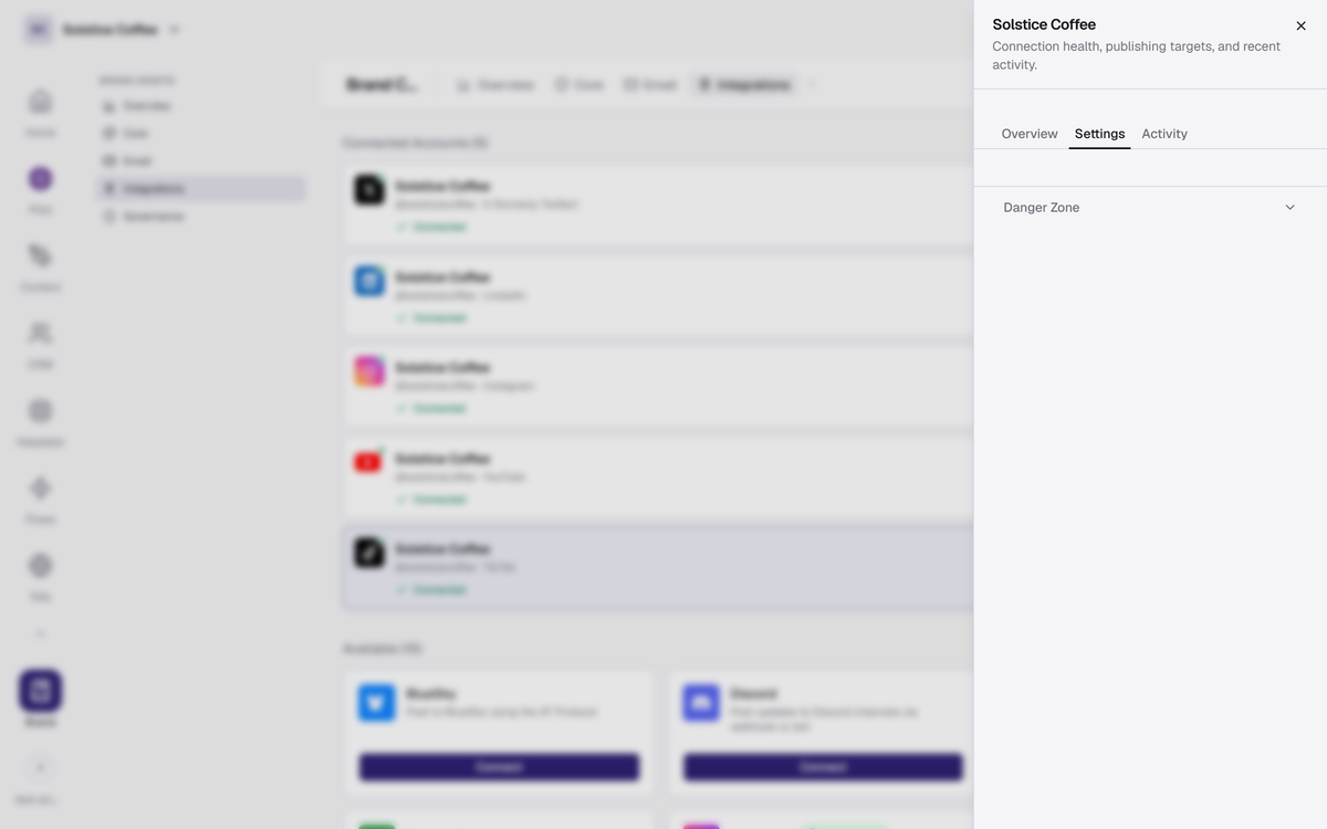 The TikTok channel drawer in Brand → Integrations, open on the Settings tab.
