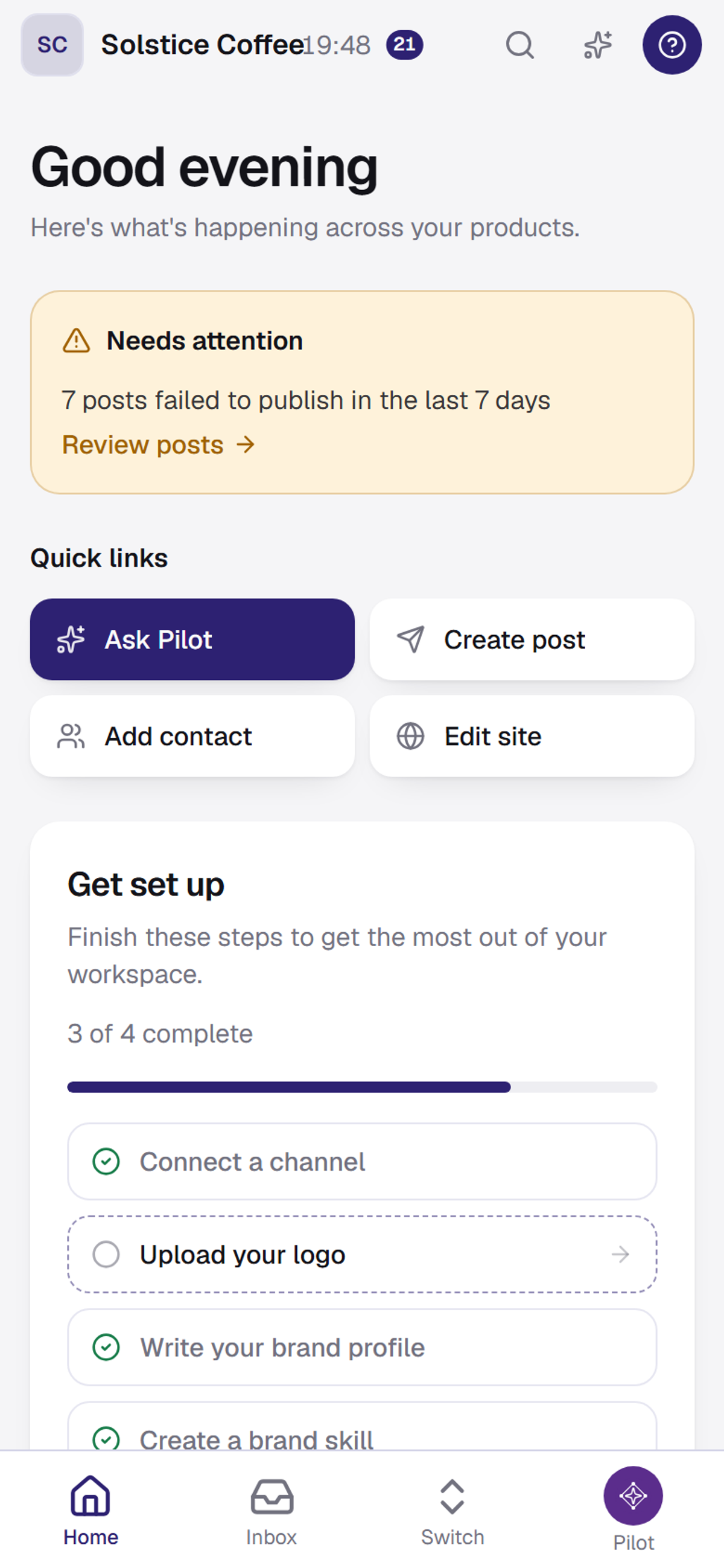 The Medal Social workspace on a phone: the mobile layout of the Home screen.