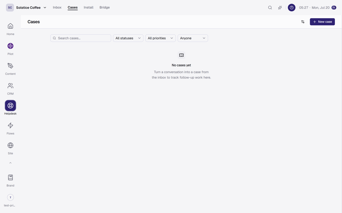 The Helpdesk cases view with tracked cases and their statuses.