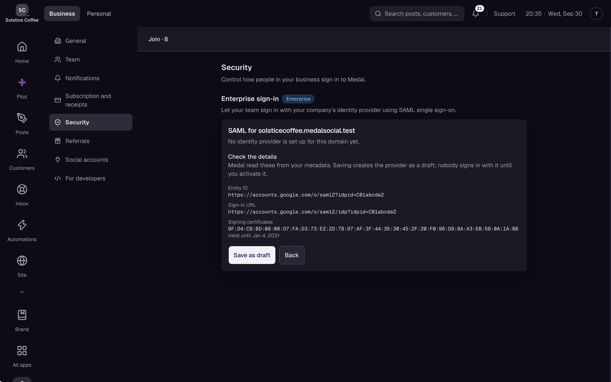 The Check the details step after reading identity provider metadata: entity ID, sign-in URL and the signing certificate with its expiry date.
