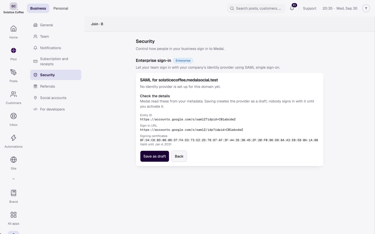 The Check the details step after reading identity provider metadata: entity ID, sign-in URL and the signing certificate with its expiry date.