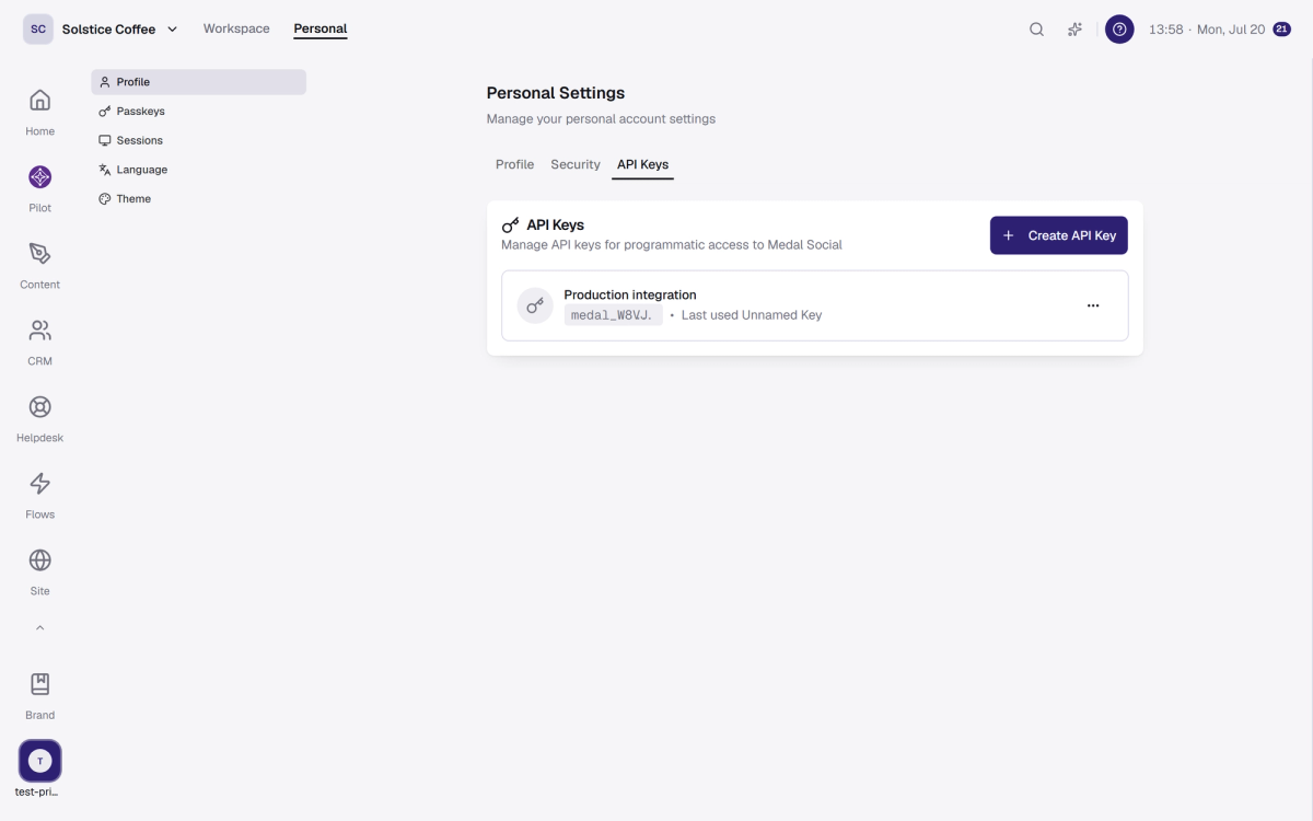 The API Keys tab in Personal Settings, with one workspace key and the Create API Key button.