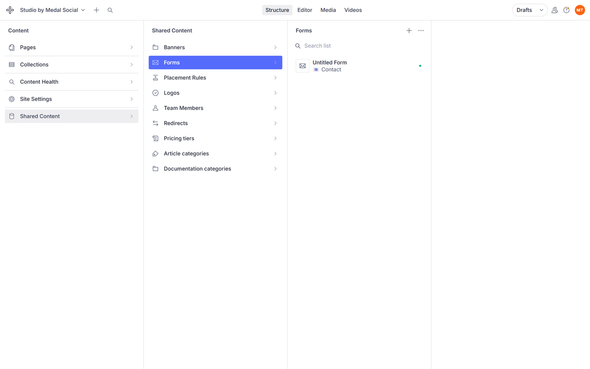 Shared Content → Forms: the forms your site pages can embed.
