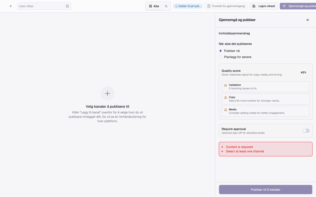 Composeren med egne editorer per kanal, kvalitetsscore og Review & Publish-panelet.