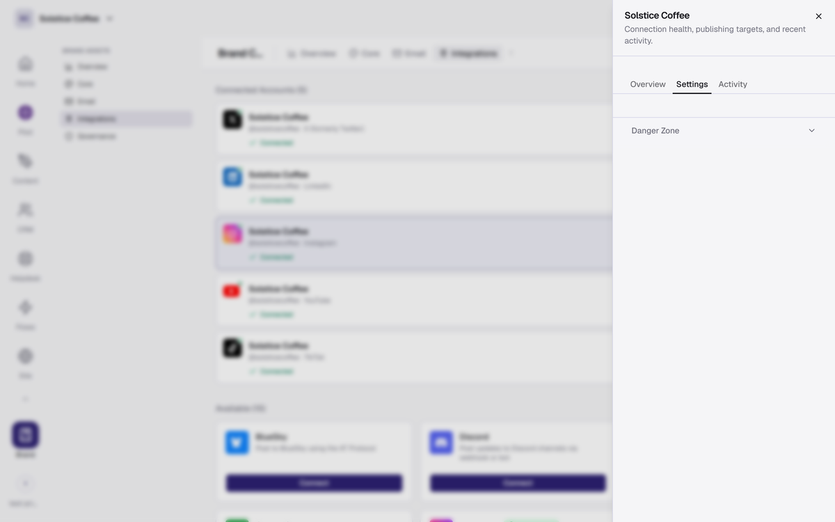 The Instagram channel drawer in Brand → Integrations, open on the Settings tab.
