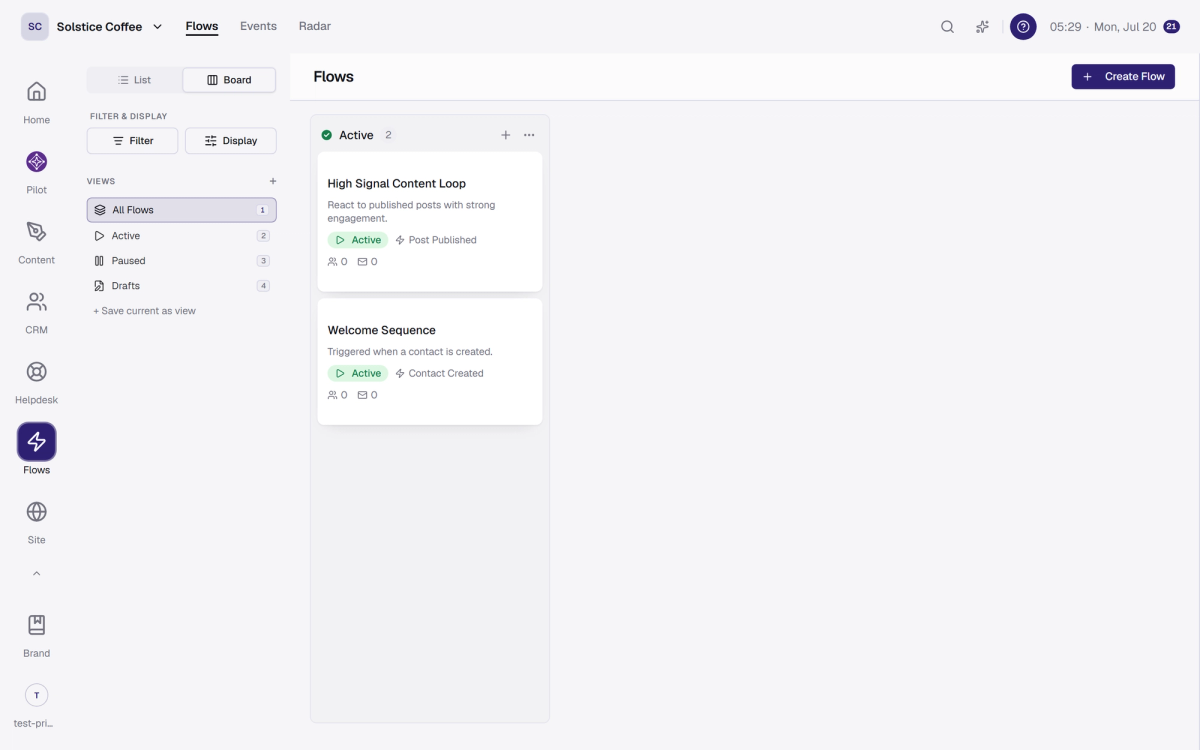 The Flows list showing automations with their statuses.