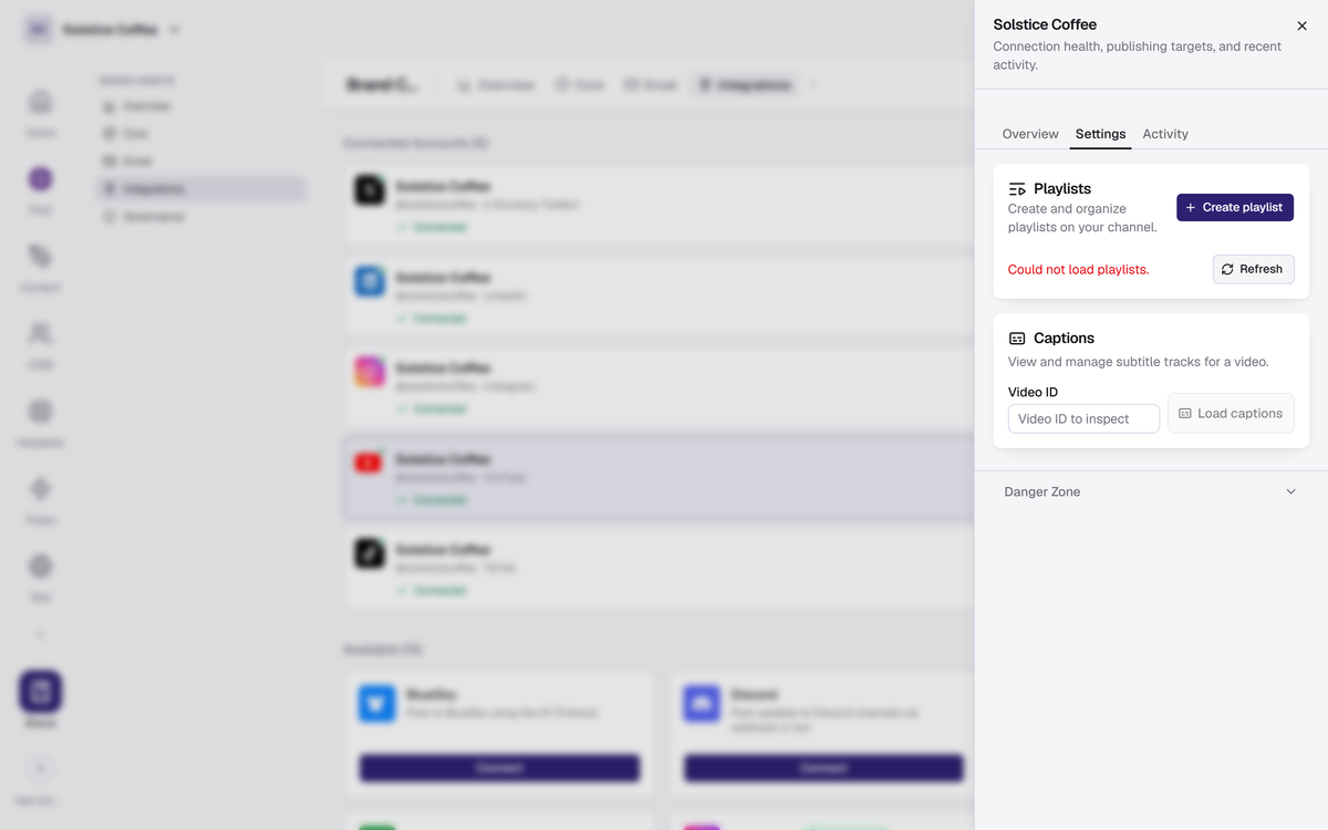 The YouTube channel drawer in Brand → Integrations, open on the Settings tab.