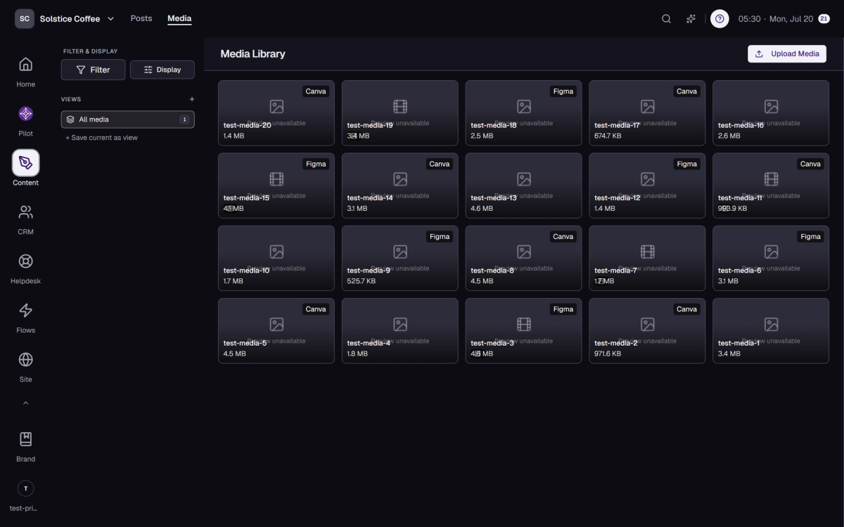 The media library grid with uploaded images and video.