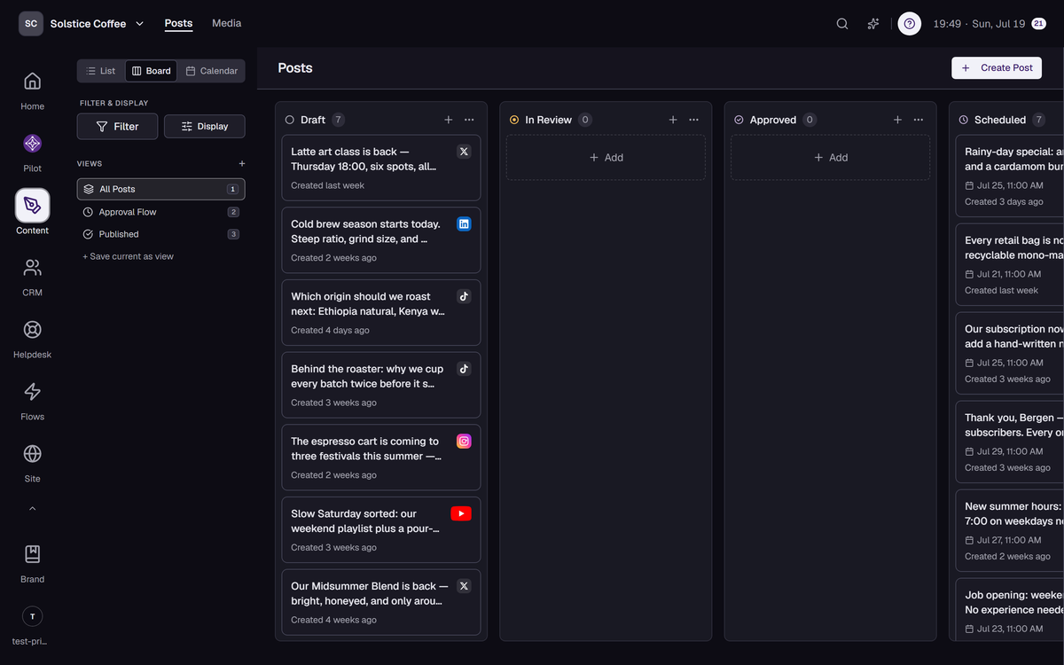 The Posts board view with posts grouped into status columns from Draft to Published.