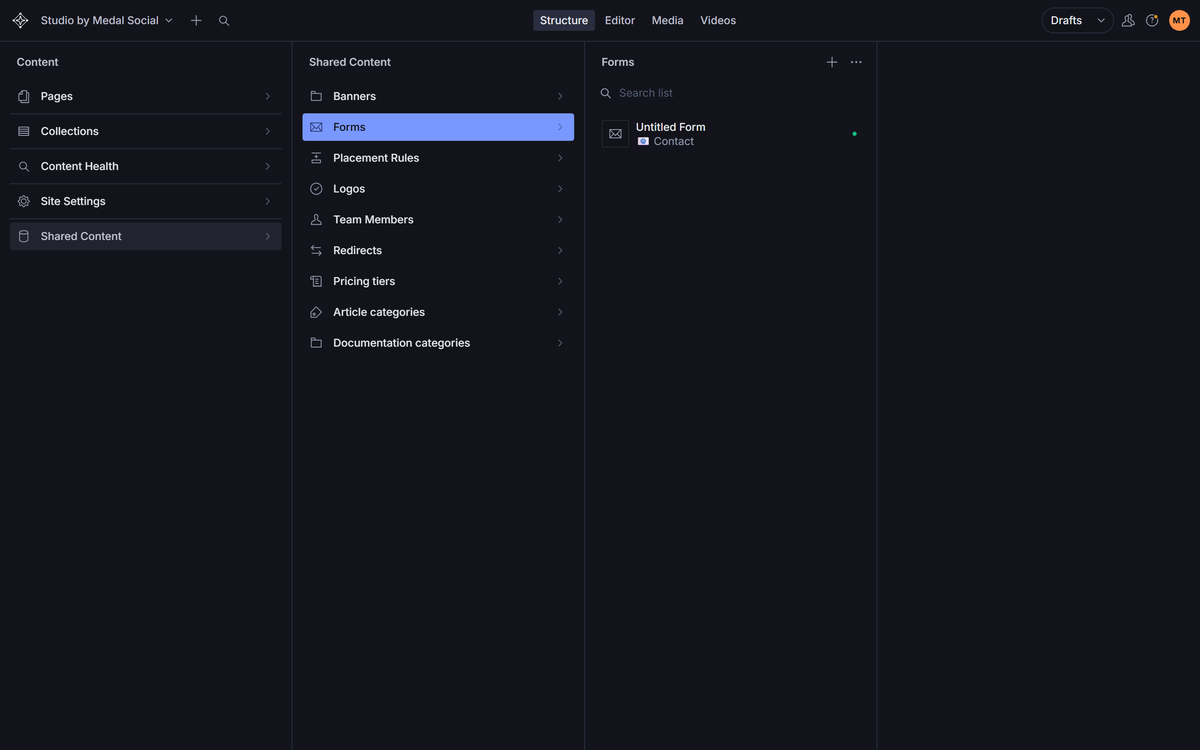 Shared Content → Forms: the forms your site pages can embed.