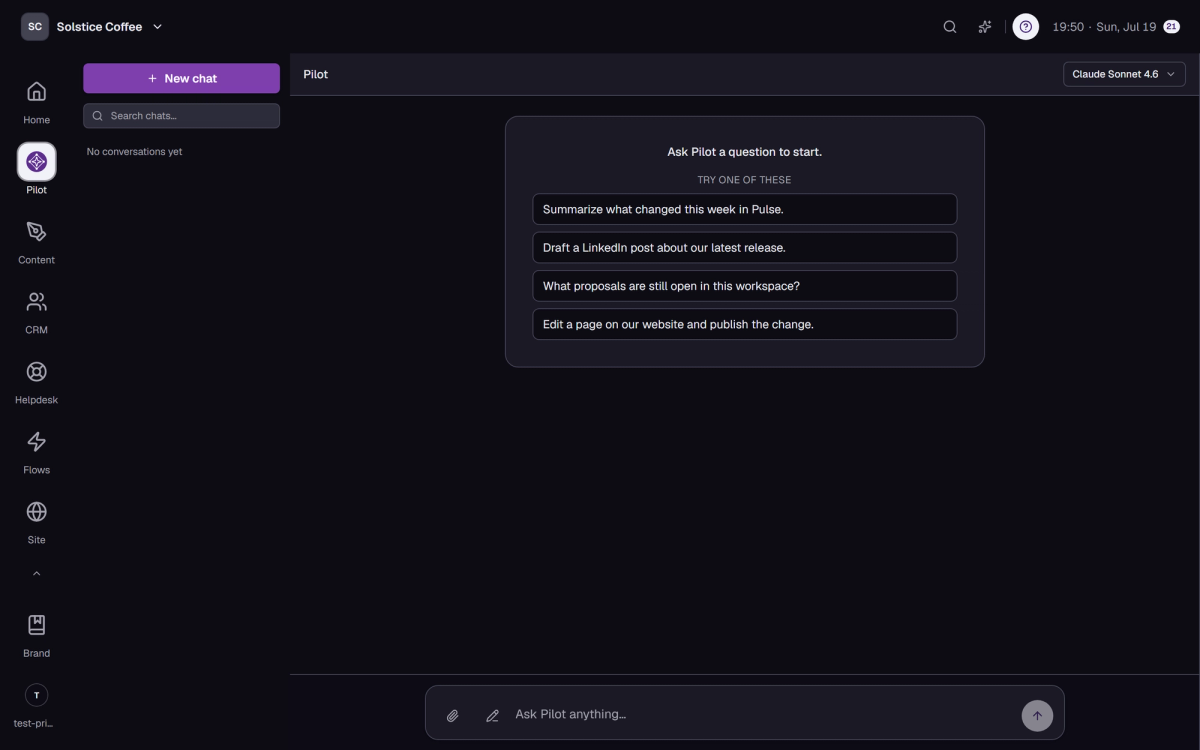 Pilot's chat with the thread list, the New chat button, and the model picker.