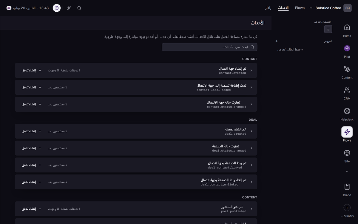 فهرس الأحداث: كل حدث تنشره مساحة العمل، مع المستمعين وإجراء إنشاء تدفق.