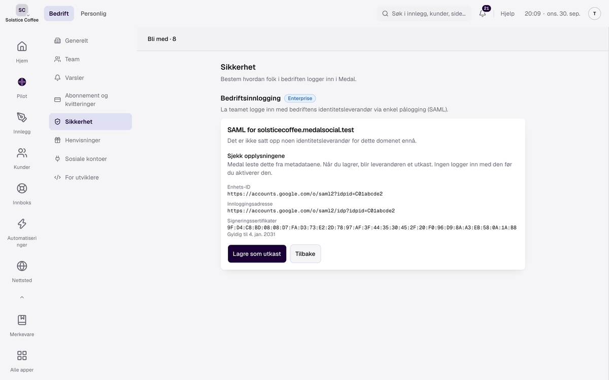 Steget Sjekk opplysningene etter at metadataene er lest: enhets-ID, innloggingsadresse og signeringssertifikatet med utløpsdato.