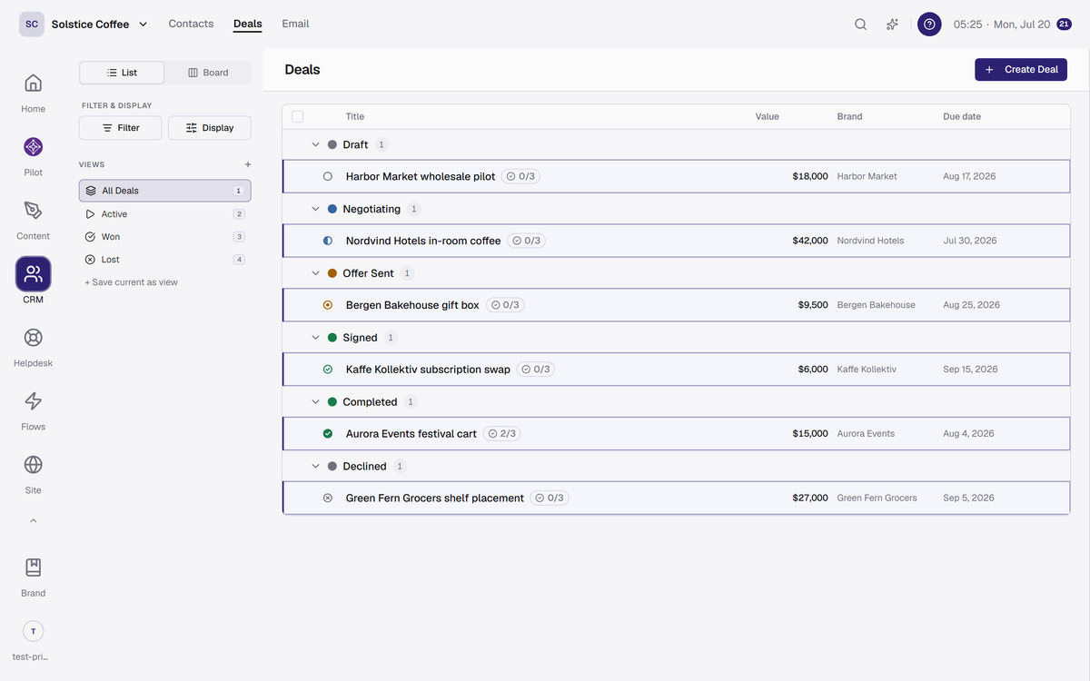 The Deals board with opportunities in pipeline stage columns and their values.