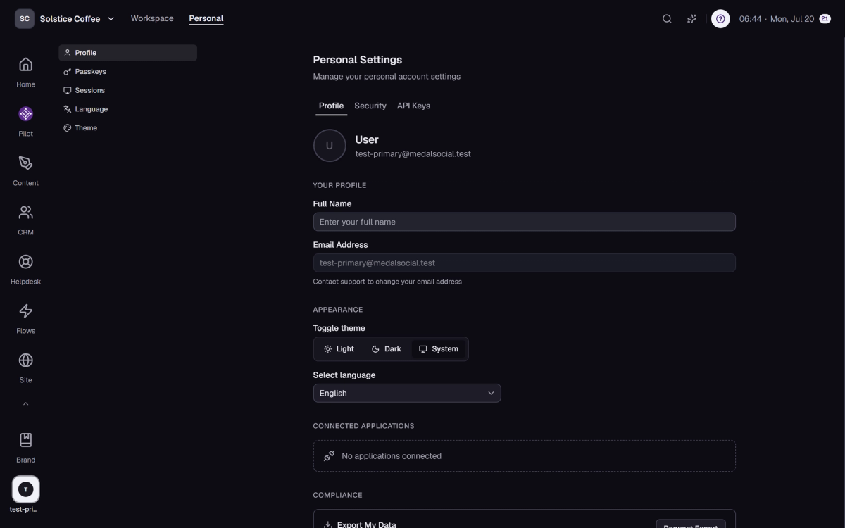 The account settings page of a Medal Social workspace.